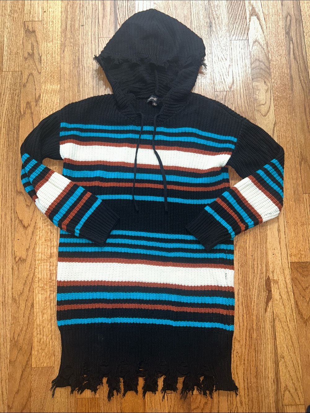 Women’s Almost Famous Bohemian Hooded Fringe Sweater Dress - Stripes Large NEW